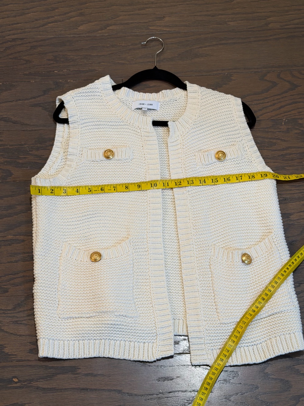 John + Jenn Cream Knit Sweater Vest Gold Button Pocket Open Front Size Large - Picture 4 of 8